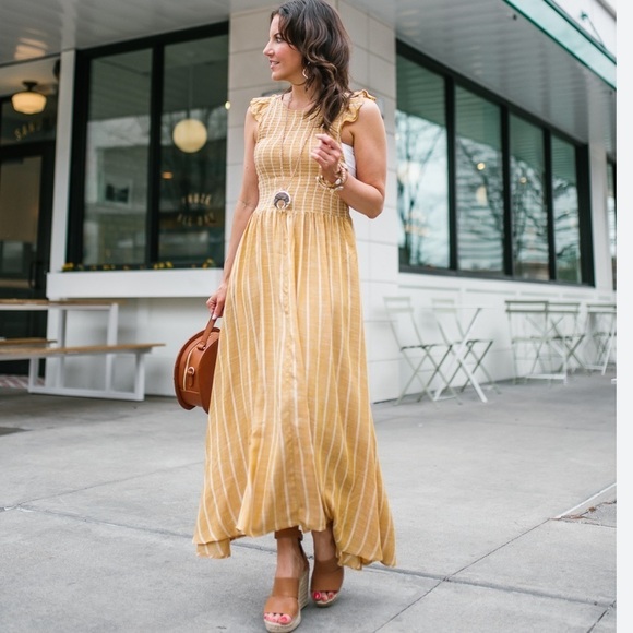 Free People Chambray Butterflies Boho midi dress Sz XS smocked bodice - Picture 12 of 13